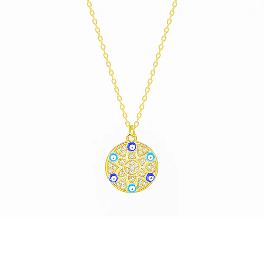 GOLD ROUND MULTI BLUE EYE NECKLACE