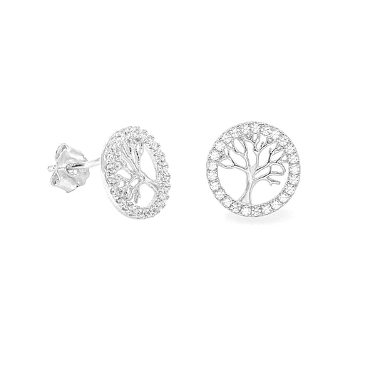 SILVER LIFE TREE DIAMOND CIRCLE EARRINGS